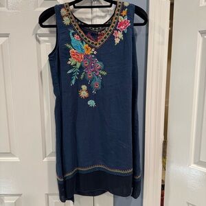 Johnny Was Blue Dress with Multicolor Embroidery